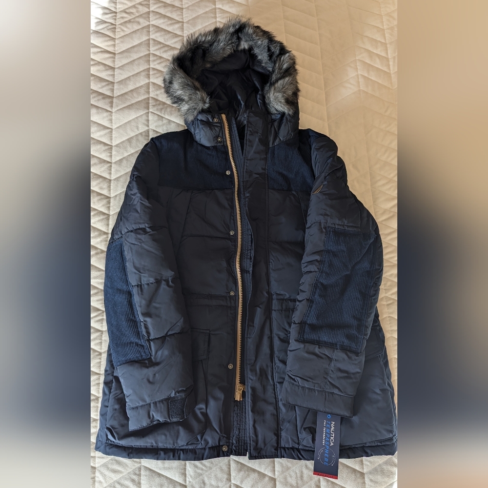 Men's Nautica Jacket - Large - Navy Blue - Faux fur lined hood